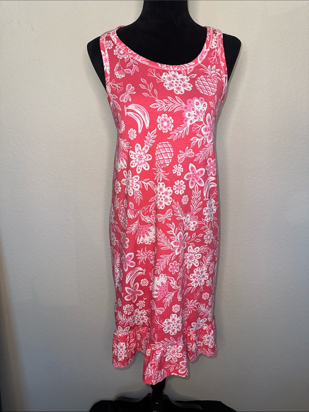 Cuddl Duds Coral Pink Floral Sleeveless Chemise with Ruffle Hem